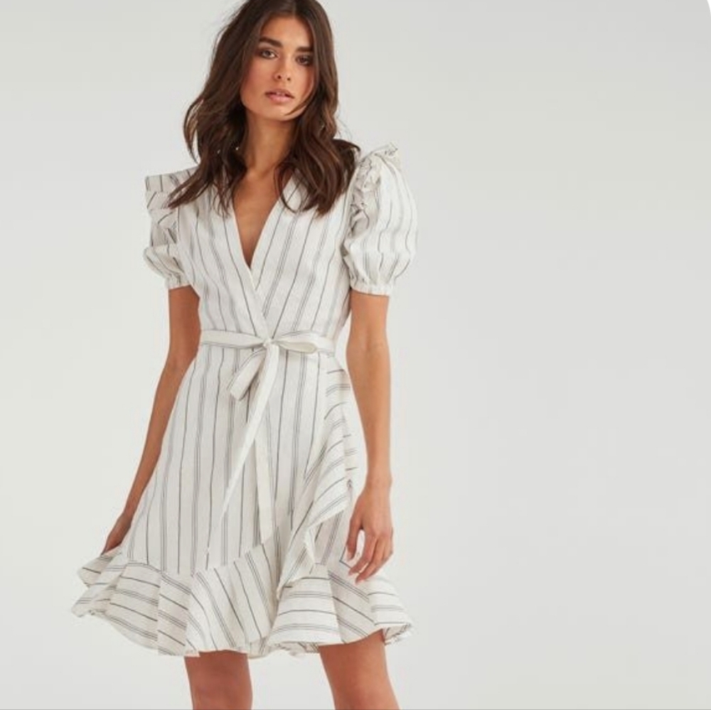 NWT 7 FOR ALL MANKIND Ruffle Detail Linen Blend White & Black Striped Wrap Dress